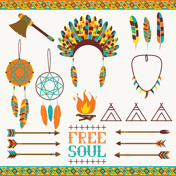 ilustrações de stock, clip art, desenhos animados e ícones de conjunto de ícones de indianos - native american north american tribal culture symbol dreamcatcher