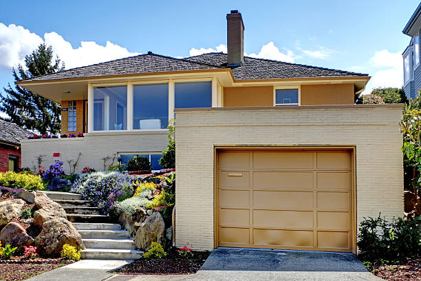istock Modern caramel house with garage door and staircase. 494417819
