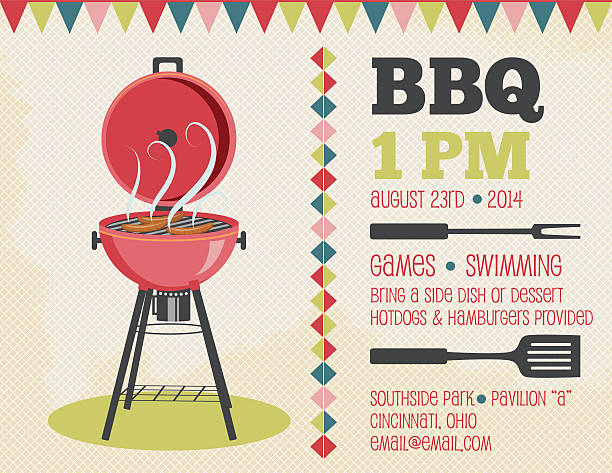 Retro BBQ Invitation Template Family Reunion BBQ horizontal Invitation Template on tan background. On the right is the text with a black bbq fork and spatula dividing the text.  Across the top is pennant flags.  There is a red retro BBQ with three hotdogs and swirly smoke on the left. There is a vertical row of multicoloured diamonds down the middle. family reunion stock illustrations