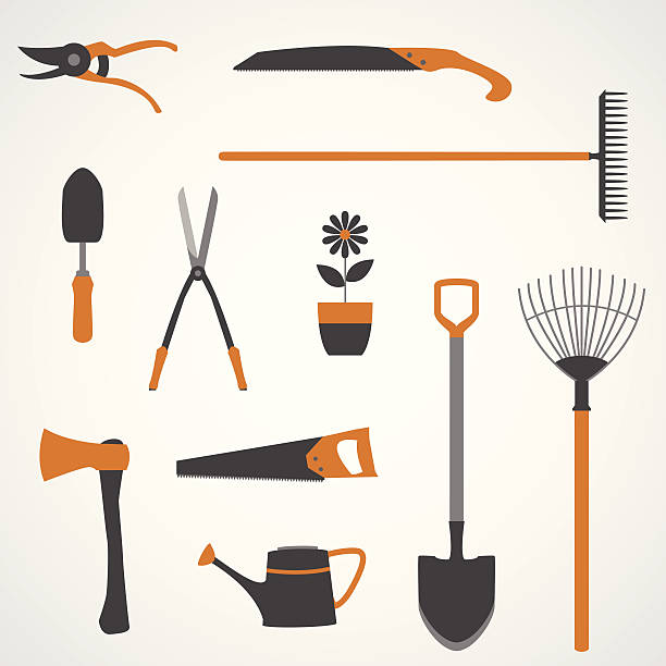 ilustrações, clipart, desenhos animados e ícones de ferramentas de jardim ícones - watering can shovel rake silhouette