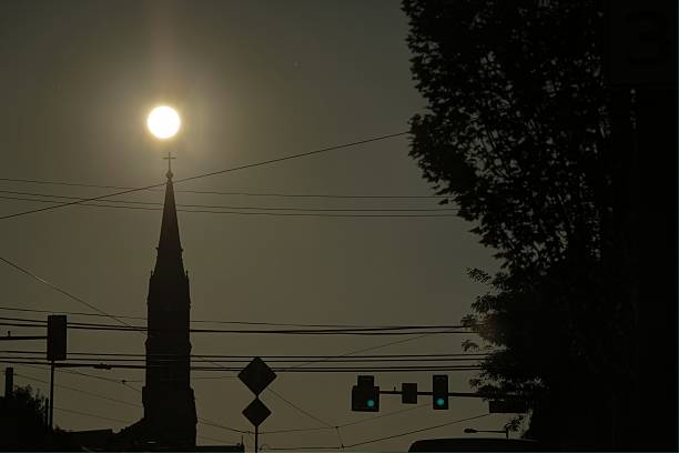 Church silhouette Church silhouette and sun. hope god lighting technique tree stock pictures, royalty-free photos & images