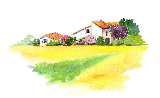 ländliche house und gelben feld in provence, frankreich. aquarell - sunflower field scenics landscape stock-grafiken, -clipart, -cartoons und -symbole