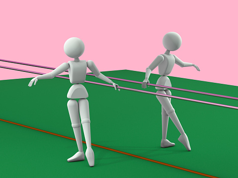 3D - illustration, behavior model of people, the ballerina works the movement and poses, in front of the mirror and stand.
