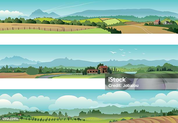 Set Rural Scene Landscape-vektorgrafik och fler bilder på Landskap - Landskap, Farm, Lantligt motiv