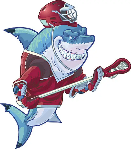 Vector illustration of Mean Cartoon Lacrosse Shark with Equipment