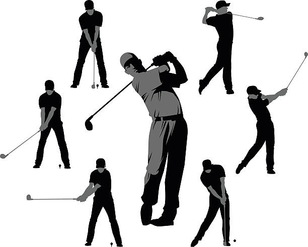 ilustraciones, imágenes clip art, dibujos animados e iconos de stock de conjunto de siluetas de golf de siete - putting golf golfer golf swing