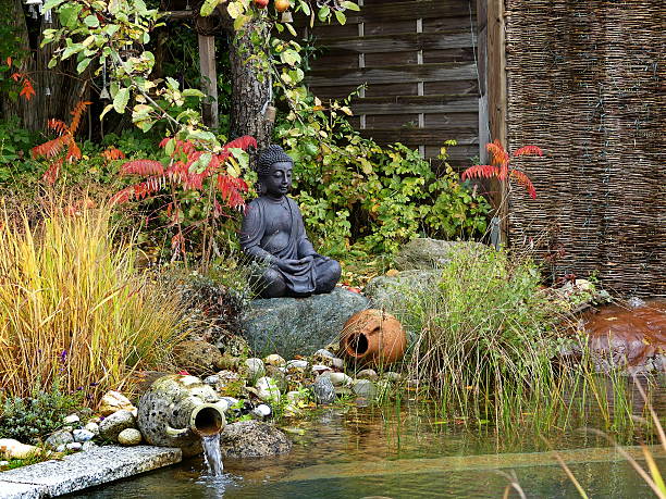 Around our pond. Meditating sitting Buddha after the rain…