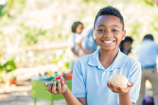 младший возраст мальчик держит овощи в школе сад - science child african ethnicity elementary student стоковые фото и изображения