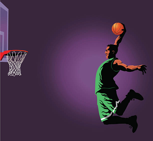 Basketball Slam Dunk Player All images are placed on separate layers. They can be removed or altered if you need to. Some gradients were used. No transparencies. silhouette of basketball player slam dunk stock illustrations