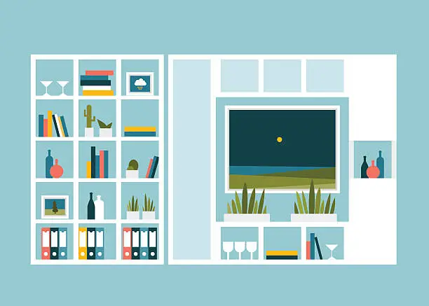 Vector illustration of Living room with photo pictures and book shelves.