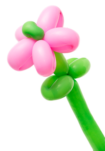 Balloon flower with pink balloon for petals and green balloon for stem and leaves isolated on white background.