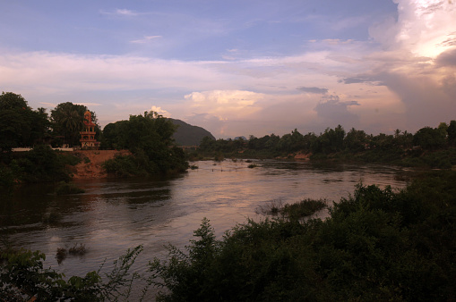 The landscape on the Xe Bang Fai River near the village of Mahaxai Mai from Tham Pa Fa not far from the city of Tha Khaek in central Laos on the border with Thailand in South East Asia.