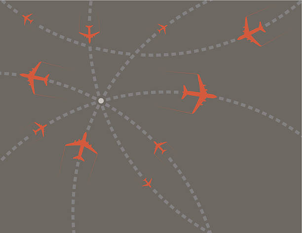 Travel airplanes Vector of crisscrossing lines of multiple passenger planes on the way to their locations. EPS10 ai file format. airplane flying cirrus sky stock illustrations