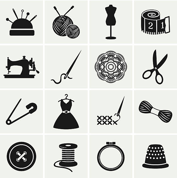 Sewing and needlework icons. Vector set. Set of sewing and needlework icons. Collection of design elements. Vector illustration. sewing needle stock illustrations
