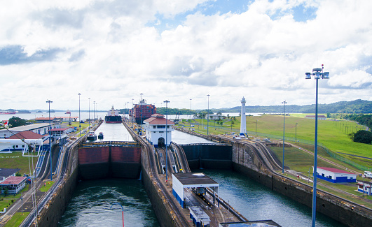 Ship Going through Locks in Panama CanalShip Going through panama Canal LocksShip Going through Locks in Panama Canal