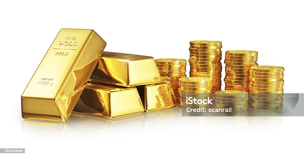 Gold ingots and coins See also: Ingot Stock Photo