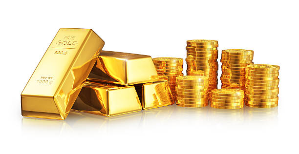 lingotes de ouro e moedas - three dimensional shiny business retail imagens e fotografias de stock