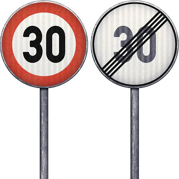 Vector illustration of Two red and white maximum speed limit 30 road signs