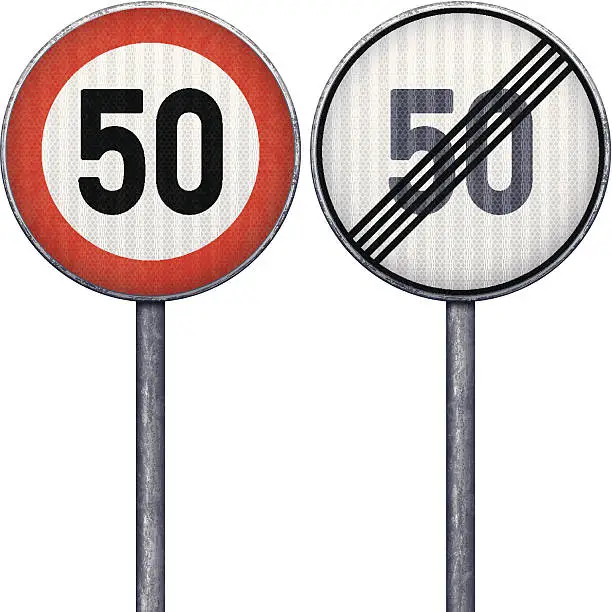 Vector illustration of Two red and white maximum speed limit 50 road signs