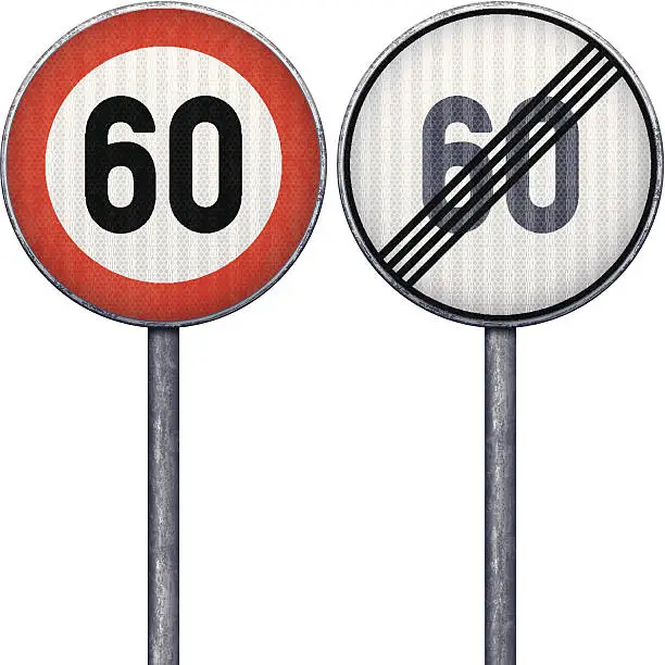 Vector illustration of Two red and white maximum speed limit 60 road signs
