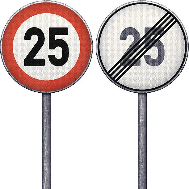 Vector illustration of Two red and white maximum speed limit 25 road signs