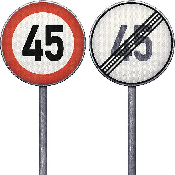 Vector illustration of Two red and white maximum speed limit 45 road signs