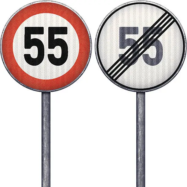 Vector illustration of Two red and white maximum speed limit 55 road signs