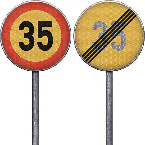 Vector illustration of Two yellow and red maximum speed limit 35 road signs