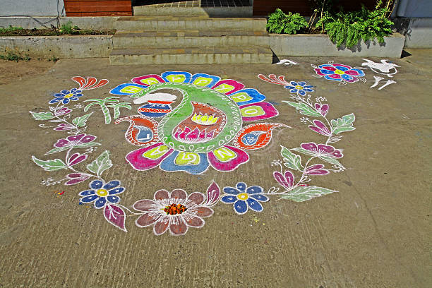 Decorative Rangoli (Kolam) at the entrance of the South Indian hindu wedding ceremony.