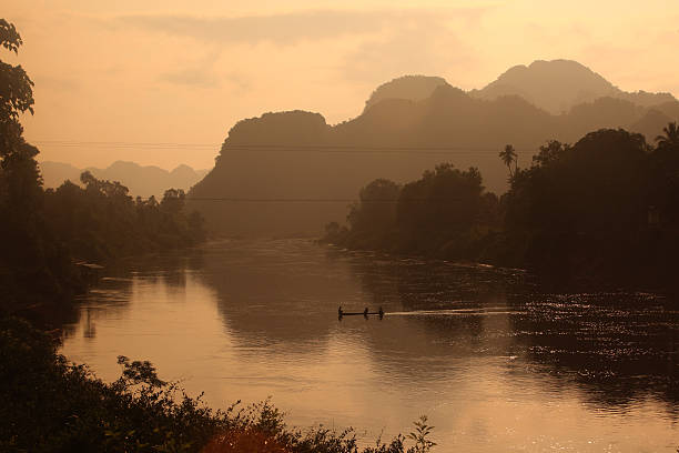 The landscape on the Xe Bang Fai River near the village of Mahaxai Mai from Tham Pa Fa not far from the city of Tha Khaek in central Laos on the border with Thailand in South East Asia.