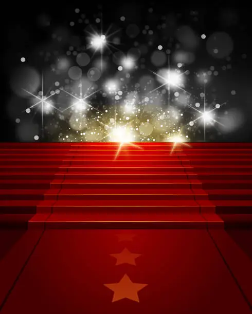 Vector illustration of Red Carpet on Steps with Paparazzi Flashes