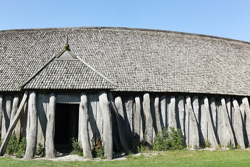 Hobro, Denmark - August 19, 2015: Fyrkat is a former Viking ring castle with a big longhouse and it is located near the town of Hobro in Denmark