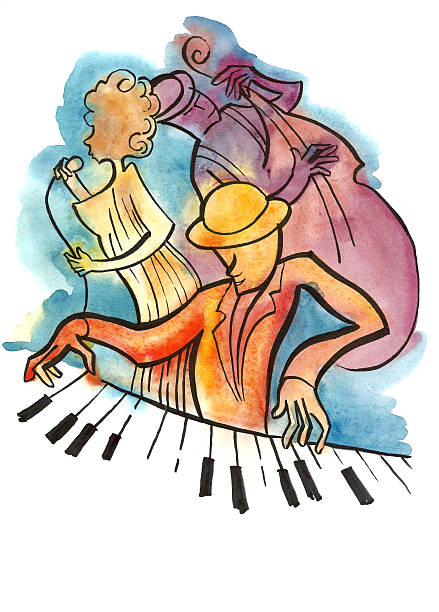 kobieta piosenkarka z mikrofonem z pianista i bassist - musical band music musical theater classical concert stock illustrations
