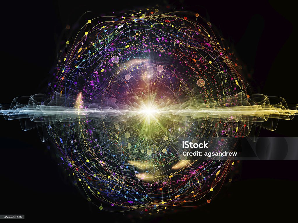 Energy of Atom Elementary Particles series. Interplay of abstract fractal forms on the subject of nuclear physics, science and graphic design. Quantum Stock Photo