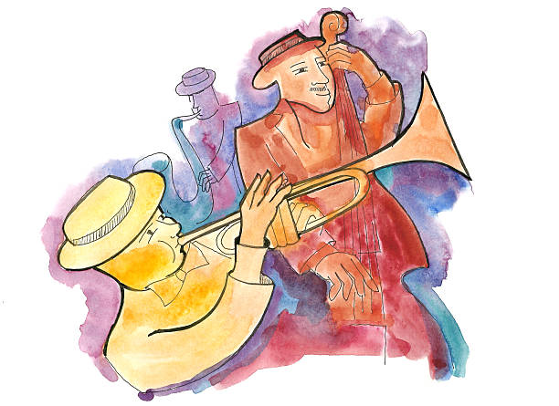 illustrazioni stock, clip art, cartoni animati e icone di tendenza di composizione jazz del jazz trio suona - drum dance music arts and entertainment