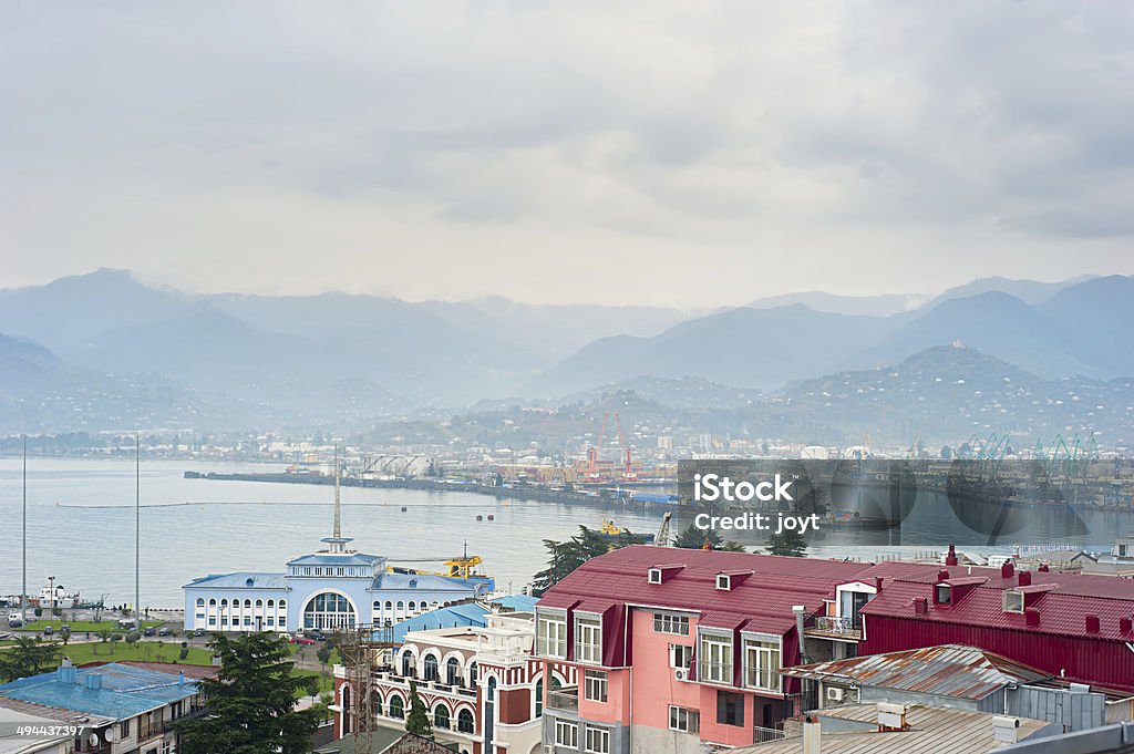 Batumi port Aerial view of Batumi port , Georgia with mountains on background Above Stock Photo