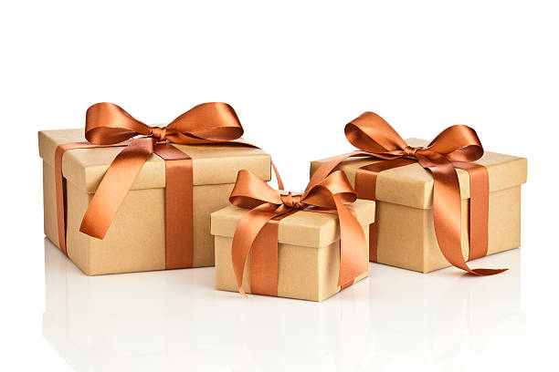 istock Brown gift box tied up with bow isolated on white 494437530