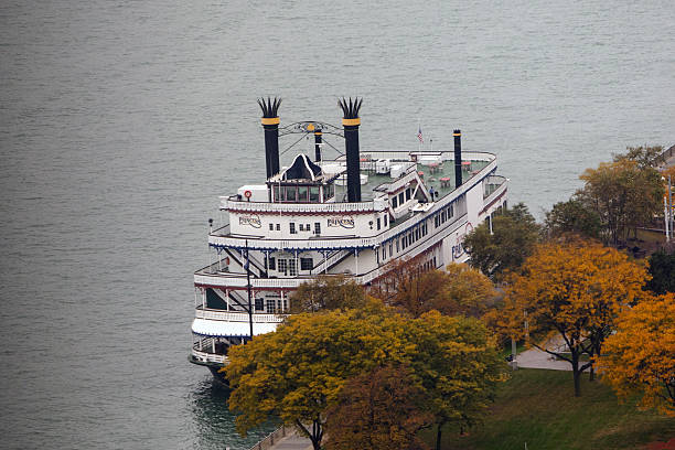 Detroit, MI, USA - October 24, 2015: A view of the Detroit Princess historic paddlewheeler ship docked in Detroit on the border between the United States and Canada.