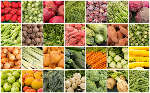 Variety of popular farmers market fruits and vegetables in produce collage imagery