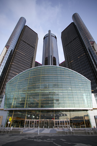 Detroit, MI, USA - October 25, 2015: A view of the General Motors (GM) headquarters corporate office building, hotel and conference center complex in downtown Detroit, Michigan.
