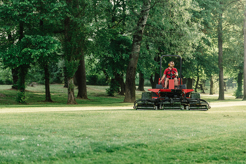 A worker in high visibility clothing operates a red riding mower, cutting lush green grass on a sunny day