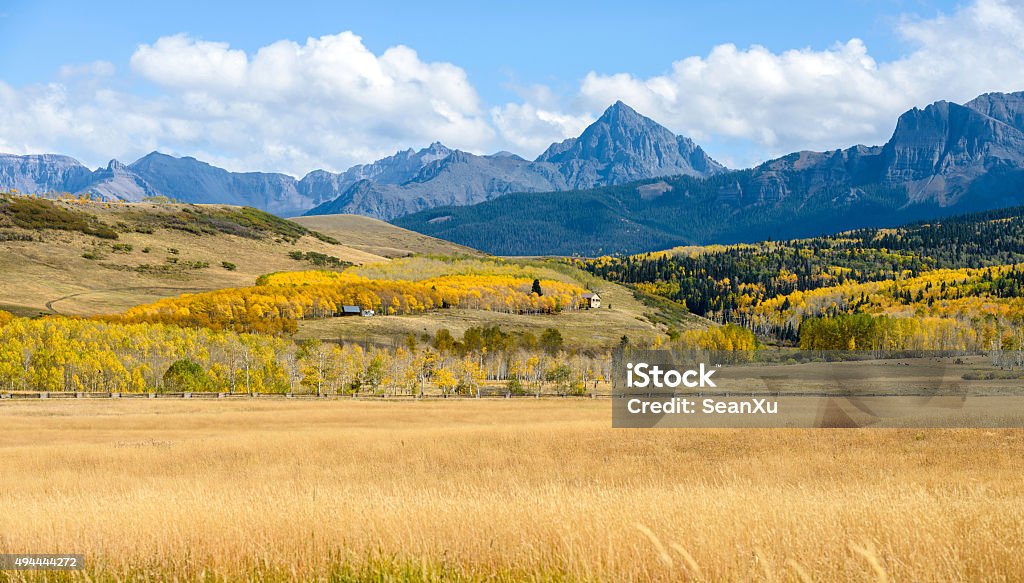 Panorama of Autumn Mountain Valley at Mt. Sneffels Panoramic autumn mountain valley view at the base of Mount Sneffels, 14,158-ft (4,315m), the highest peak in its namesake Sneffels Range of the San Juan Mountains, part of the Rocky Mountains of North America. Mt. Sneffels is also the high peak in Ouray County of southwestern Colorado, USA. Colorado Stock Photo