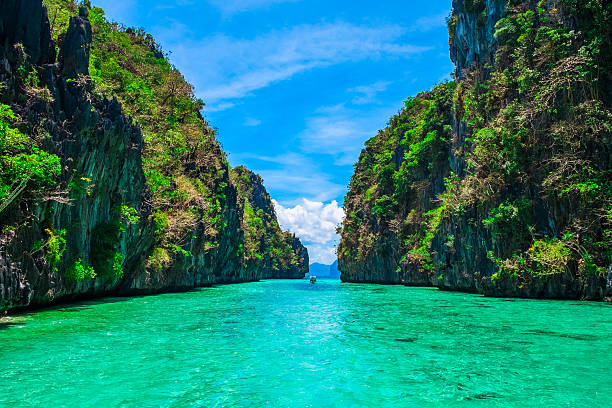 Tropical landscape Tropical landscape with rock islands, lonely boat and crystal clear water, El Nido, Palawan, Philippines el nido photos stock pictures, royalty-free photos & images