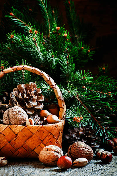 istock Christmas or New Year greeting card with a wicker basket 494444792