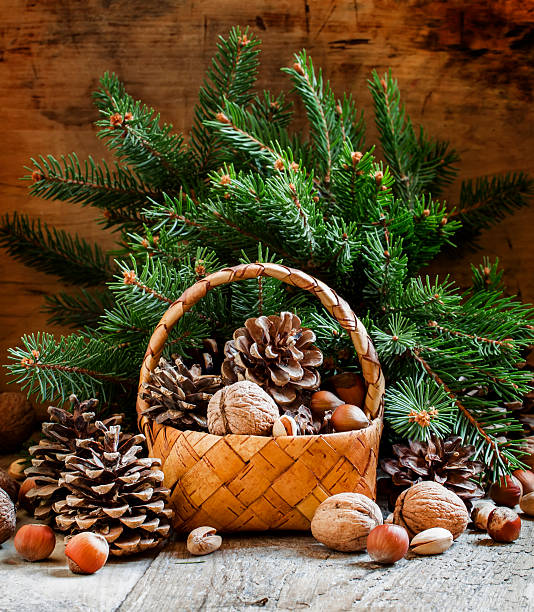 istock Christmas or New Year greeting card with a wicker basket 494444854