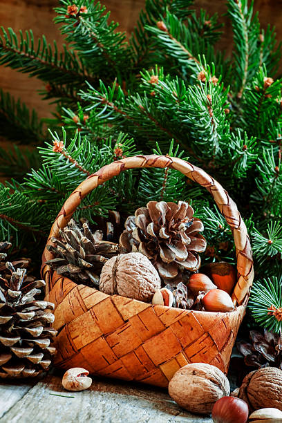 istock Christmas or New Year greeting card with a wicker basket 494444978