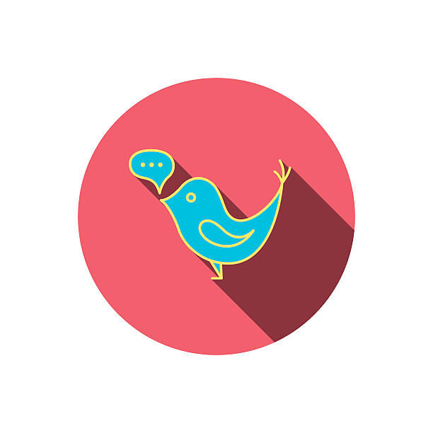 Bird with speech bubble icon. Short messages. Bird with speech bubble icon. Chat talk sign. Social media twitter concept symbol. Red flat circle button. Linear icon with shadow. Vector retweet icon illustrations stock illustrations