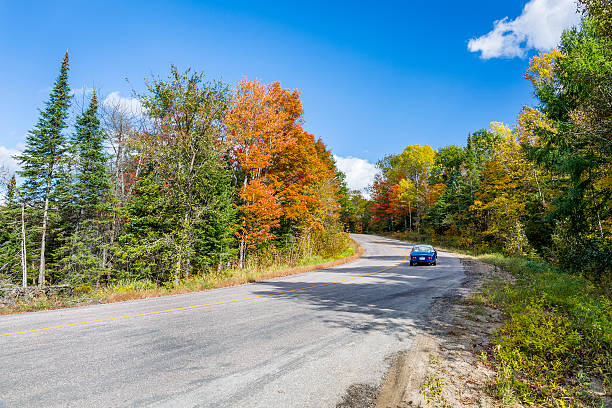 istock Blue Car on a Winding Autumn Road 494449556