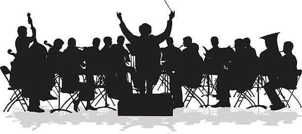 ilustraciones, imágenes clip art, dibujos animados e iconos de stock de orquesta sinfónica de silhouette - illustration technique people performing arts event musical instrument