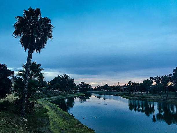 Silhouette of Mission Bay, San Diego. Tropical Sunset with palm trees and reflection in the water.